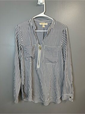 Michael Kors Women’s Navy and White Stripe Zip-Front Shirt